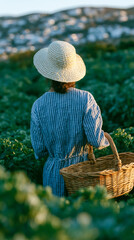 A woman in a blue gingham dress and straw hat carries a woven basket through lush green fields. The sun casts a warm glow on the landscape behind her.