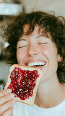 A woman with curly hair smiles broadly while holding a slice of toast topped with vibrant red jam. The background features a soft, blurred kitchen setting.