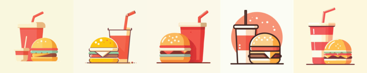 Burger and Soda Icon Set – Flat Minimalist Fast Food Vector Pack for Restaurant Menu, Cafe Branding, and Delivery App Design