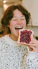 A young woman with curly hair smiles broadly while holding a slice of bread topped with bright red jam. She wears a cozy white sweater with black speckles.