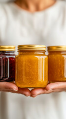Three jars of homemade preserves are held in hands. The left jar contains dark red jam, the center jar is a bright golden honey, and the right jar is a lighter amber jam.