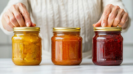 Three glass jars filled with colorful homemade jams—yellow, orange, and red—are placed on a white surface. A pair of hands is adjusting the lids.