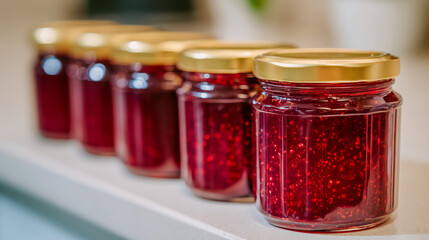 Five glass jars filled with rich, red raspberry jam sit neatly on a light-colored countertop, each topped with a shiny gold lid, showcasing their textured contents.