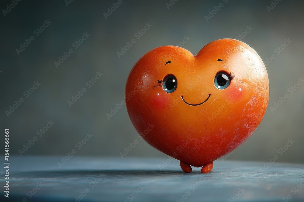 Poster cute heart character standing on a surface with a cheerful expression in a soft-lit setting