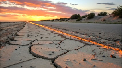 Fototapeta premium Cracked desert road at sunset with orange glow