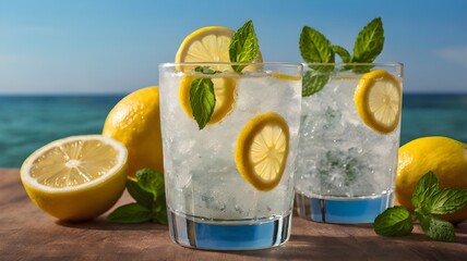 Fototapeta premium This invigorating image features a frosty glass of Limonana, the classic Middle Eastern mint lemonade, garnished with fresh mint leaves and lemon slices—a perfect visual embodiment of refreshment, 