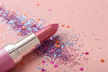 Pink Lipstick Swatch with Orange Purple Blue Glitter on Pink Background, lipstick and powder © Moshiur