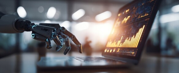 The futuristic robot hand interacts with a laptop displaying data analytics.