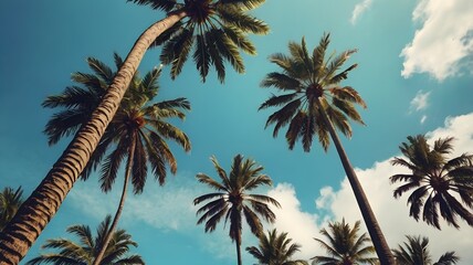 Obraz premium This dreamy vintage-style view captures tall palm trees stretching toward a clear blue sky, as seen from below, offering a sun-soaked panoramic summer background perfect for evoking tropical 