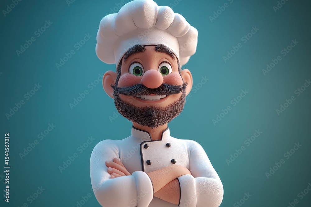 Poster chef character with friendly expression poses confidently in a playful setting