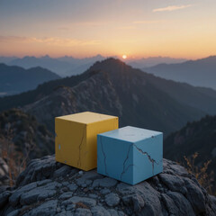 Sunrise Mountaintop: Abstract Cubes and Scenic View .