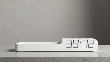 A minimalist white digital clock displays time on a gray surface, evoking simplicity and precision.