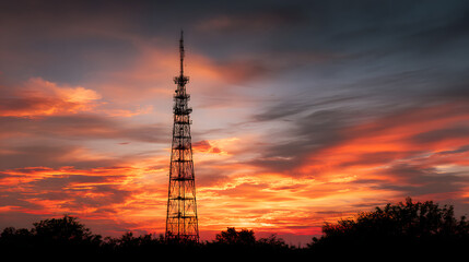Naklejka premium Communication tower against a stunning sunset sky.