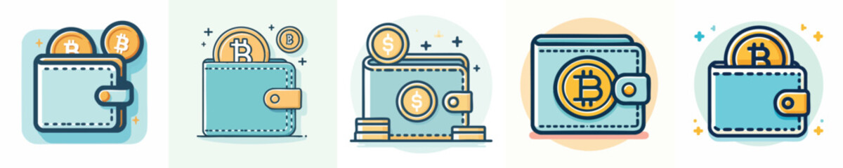 Bitcoin and Digital Wallet Icon Collection – Flat Style Cryptocurrency Finance Symbols
