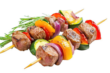 Colorful skewers of grilled meat and vegetables