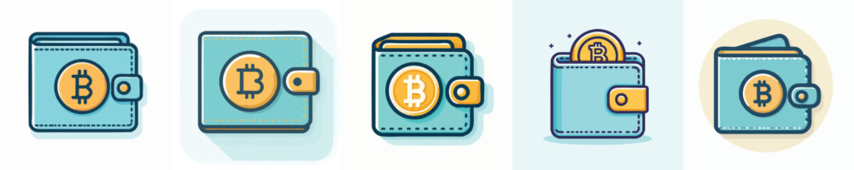 Bitcoin Wallet Icon Set – Flat Design Crypto Wallet with Digital Currency and Payment Symbol