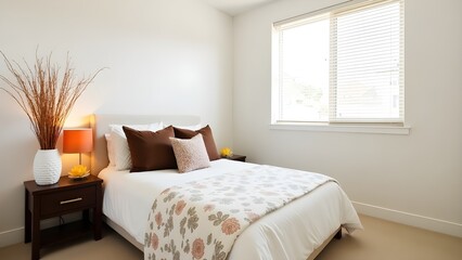 Bright and airy bedroom with neatly arranged bed