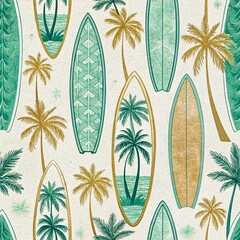 Seamless Surfboard Pattern with Hibiscus Flowers and Palm Leaves on Ocean Waves