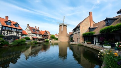 Fototapeta premium This peaceful image captures a serene and idyllic scene of a tranquil pond nestled within the heart of a historic Old Town. Surrounded by charming, timeworn buildings, cobbled paths, and gentle 