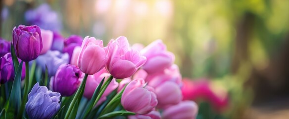 Obraz premium The Stunning Display of Colorful Tulips in a Beautiful Garden Setting.