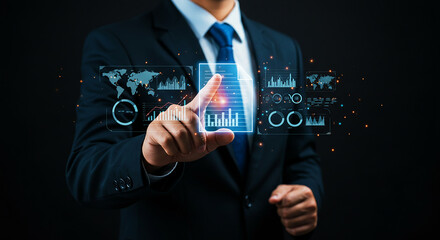 Man in suit touching digital interface with graphs charts and world map on a dark background