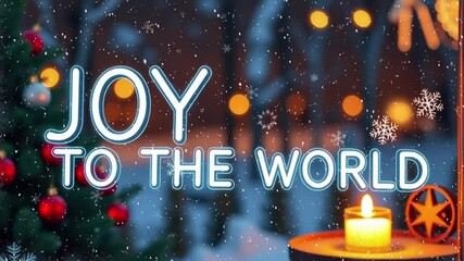 Lit candle in front of a christmas tree joy to the world - Powered by Adobe