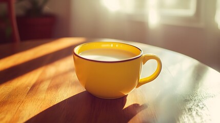 Nearby is a yellow cup with milk illuminated by bright daylight