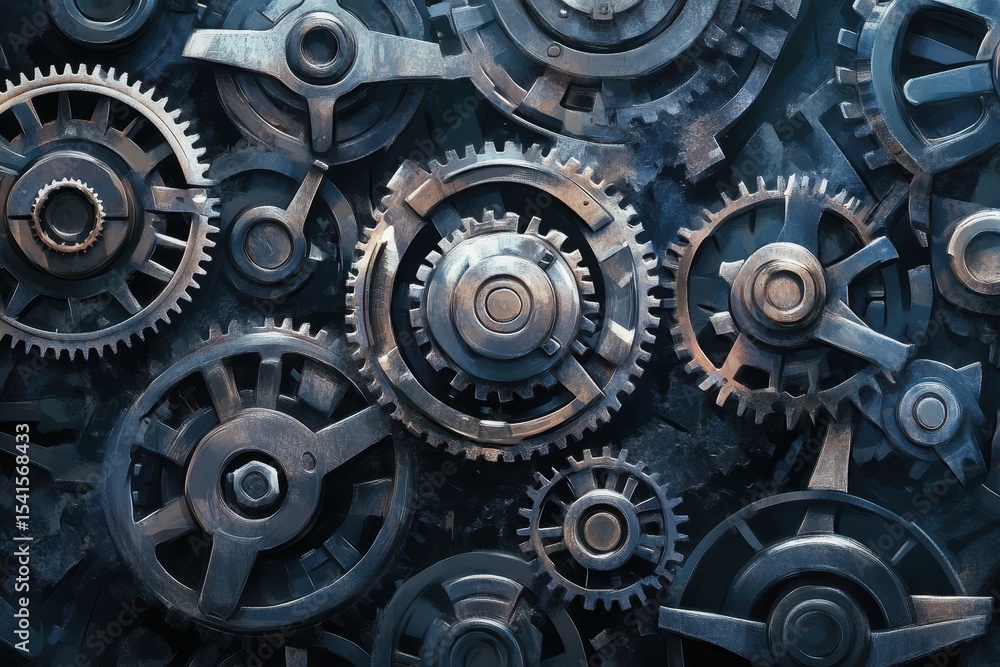Poster intricate arrangement of metallic gears showcasing mechanical engineering design and functionality