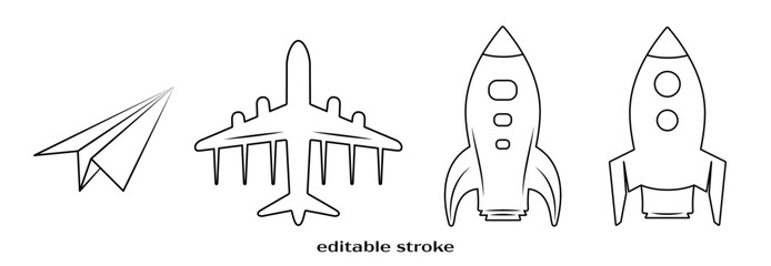Flying objects outline vector art set. Flight plane, rocket, origami plane icon collection. Travel, transport design to use for tourism, summer holiday, business travel, holiday planning projects. 