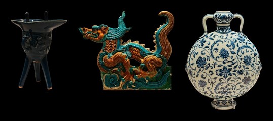 Ancient Asian artifacts: a tripod vessel, dragon figurine, and ornate vase.  Each piece showcases intricate craftsmanship and unique design elements.