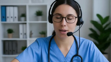 Healthcare call center tech nurse wearing headset and stethoscope providing medical support with care and focus in professional environment - Powered by Adobe
