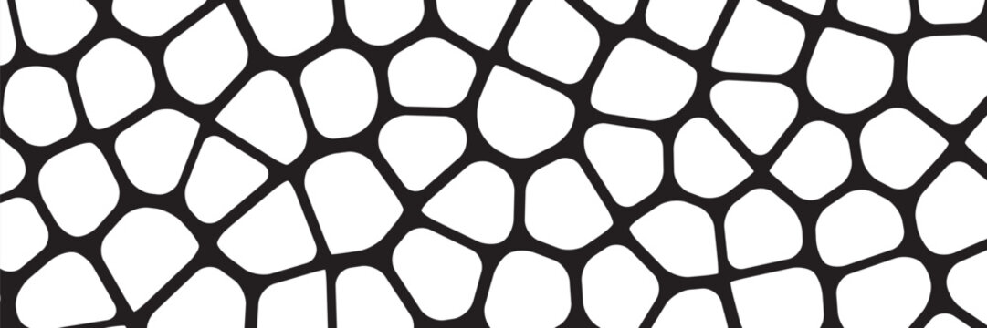 Black and white geometric seamless patterns vector set. Irregular shapes repeated backdrop for web tiles, science and interior designs. voronoi line polygonal cells template background collection