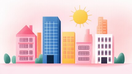 Fototapeta premium Pastel Cityscape Illustration with Sun and Colorful Buildings