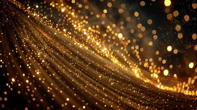 Billowing clouds of golden dust and shimmering particles drift through an infinite void. It's a celestial event, like the birth of a star or the gentle flow of a cosmic river. 