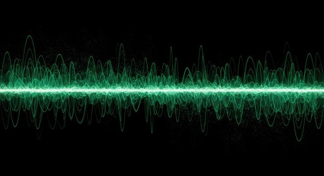 Electric pulse on black neon green audio spectrum with fractal waves - Powered by Adobe