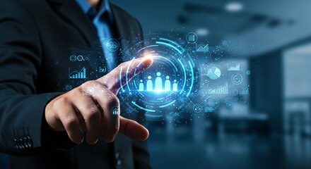 A person touching a digital interface with team icons and data graphs in a futuristic style