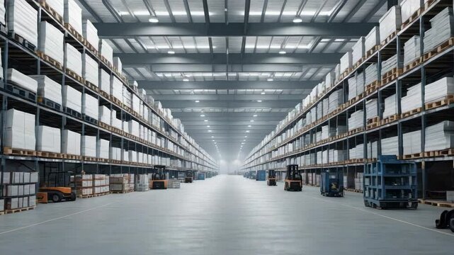 Moving camera tracking central warehouse aisle depth, showcasing metal shelving units and forklifts