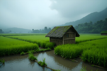 Fototapeta premium house on the river,bamboo_hut_ricefield_rainy_season_photorealistic_render.jpg