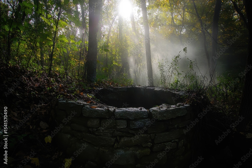 Poster sunlight filters through trees over an old stone well in a misty forest setting