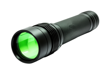 Dark-toned tactical flashlight with vibrant green lens