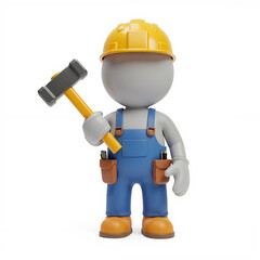Fototapeta premium faceless cartoon character In yellow construction helmet, in blue overalls and orange details, holds a hammer in one his hand, 3D render isolated on a white background