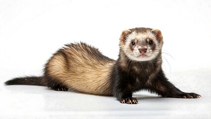 Playful ferret on white background, domestic pet animal pose
