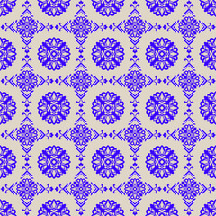 A seamless traditional Thai-inspired geometric floral pattern in bold indigo blue on a soft beige background. Perfect for textile design, gift wrapping, wallpapers, and elegant  packaging.
