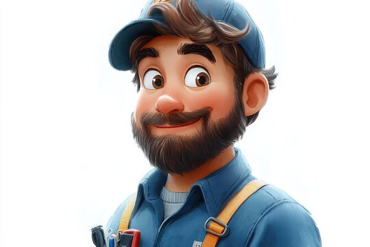 Friendly cartoon repairman smiling at the viewer with tools visible in a bright setting