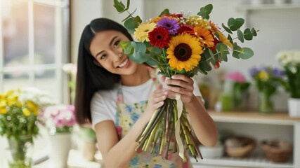 Florist Holding Colorful Sunflower Bouquet, Happy and Smiling - Powered by Adobe