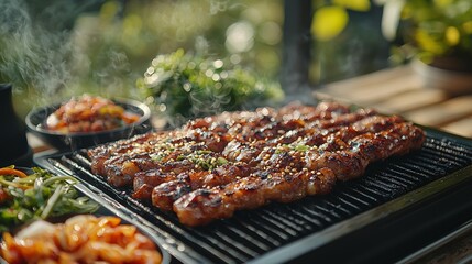 An inviting barbecue scene featuring grilled meat skewers, vibrant vegetables, and a fresh herb garnish amidst a sunny outdoor setting