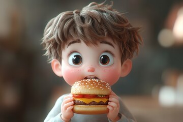 Naklejka premium Young child with big eyes excitedly holds a hamburger in a cozy indoor setting during lunchtime
