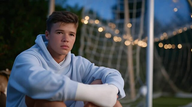 Injured soccer player with twisted ankle and goalpost