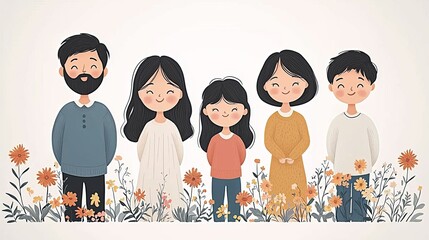 A cheerful family portrait in a flower-filled meadow, showcasing five cartoon characters with unique styles and expressions