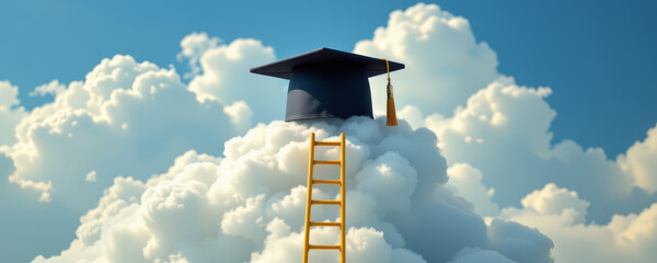 Graduation cap on top of fluffy cloud with ladder reaching up under blue sky, symbolizing achievement and aspiration